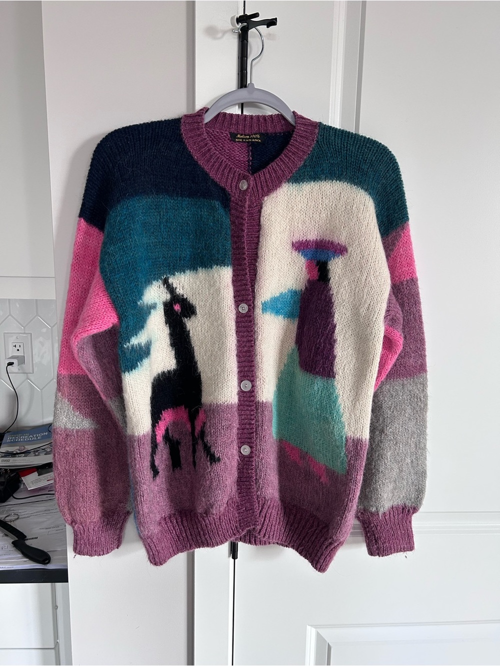 Vintage 100% Peruvian Alpaca Wool Colourful Block Knit Cardigan Alpaca Motif